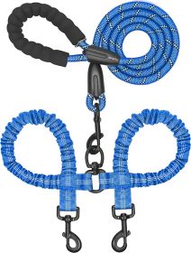 Dual Dog Leash; Double Dog Leash; 360 Swivel No Tangle Walking Leash; Shock Absorbing Bungee for Two Dogs (Color: Royal Blue)